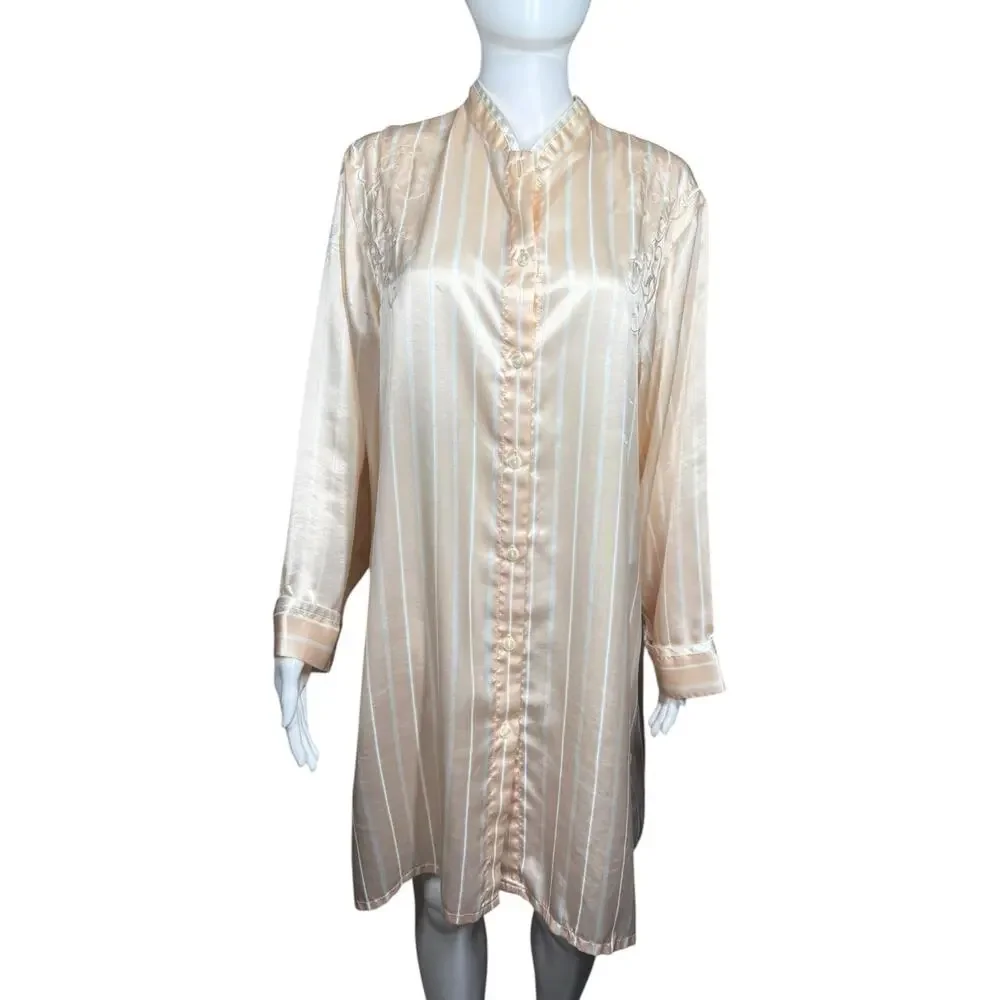 Vintage Natori Classics Peach Embroidered Satin Nightgown Sleep Shirt Medium